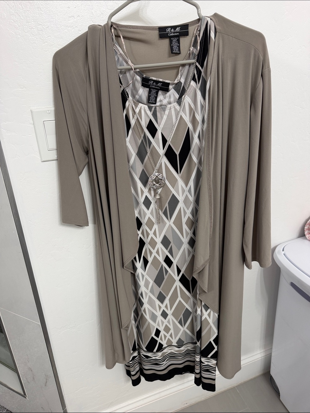 R&M Richards Taupe Open-Front Duster with Geometric Dress